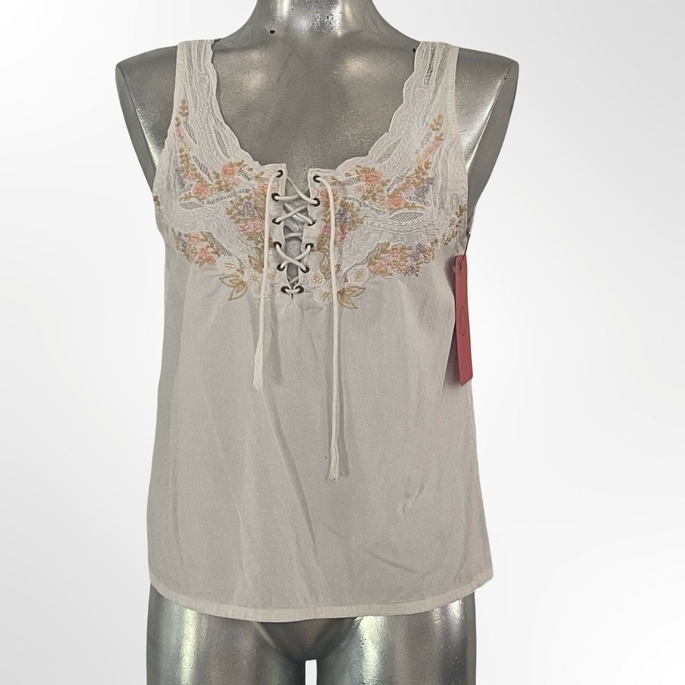 Together Cream Lace-Up Floral Embroidered Cami - Picture 1 of 3